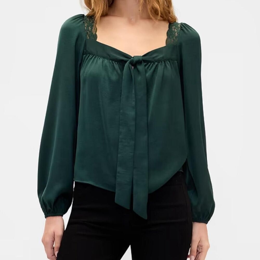 GAP NWT Dark Green Lace Trim Boho Peplum Blouse XXL Oversized Tie Front